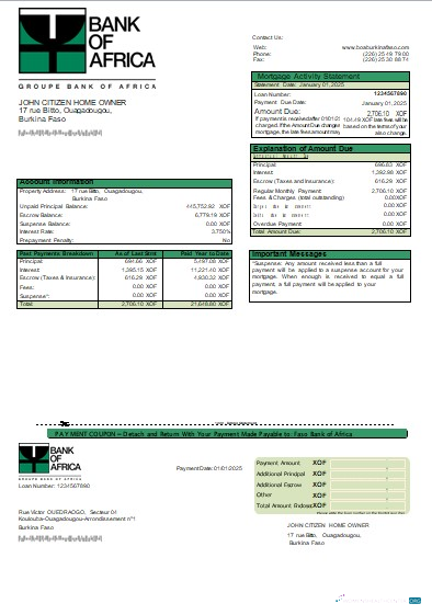 Download Burkina Faso Bank of Africa bank mortgage statement scr Photoshop template